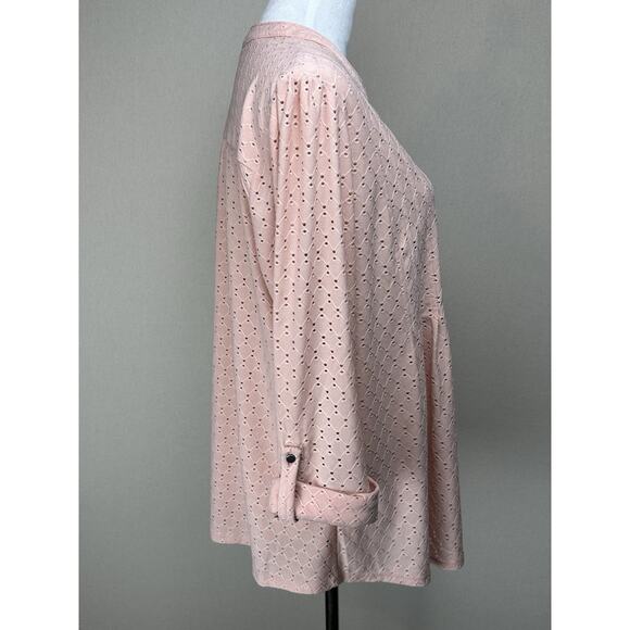 Women's Roz & Ali Top 1X Peach Eyelet Pullover 3/4 Sleeve Stretch Baby Doll - Picture 3 of 11